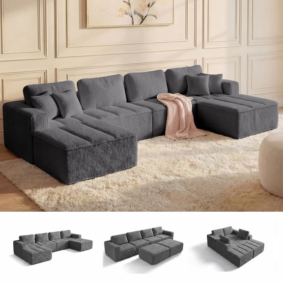 146" Oversized U-Shaped Modular Sectional Cloud Sofa, Beige Couch with Double Chaise, High Resilience Sponge Cushions, No Assembly Sofa with Removable Washable Covers for Living Room