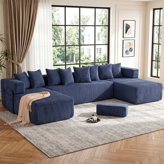 146" Oversized U-Shaped Modular Sectional Sleeper Sofa, 5-Seat Convertible Couch with 8 Pillows, Corduroy Upholstery, Magazine Pocket, Blue