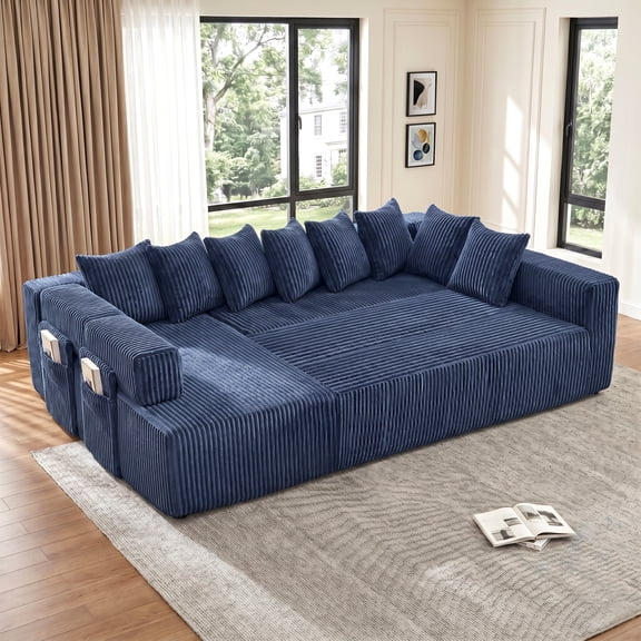 146" Oversized U-Shaped Modular Sectional Sleeper Sofa, 5-Seat Convertible Couch with 8 Pillows, Corduroy Upholstery, Magazine Pocket, Blue