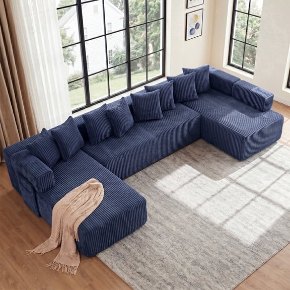 146" Oversized U-Shaped Modular Sectional Sleeper Sofa, 5-Seat Convertible Couch with 8 Pillows, Corduroy Upholstery, Magazine Pocket, Blue