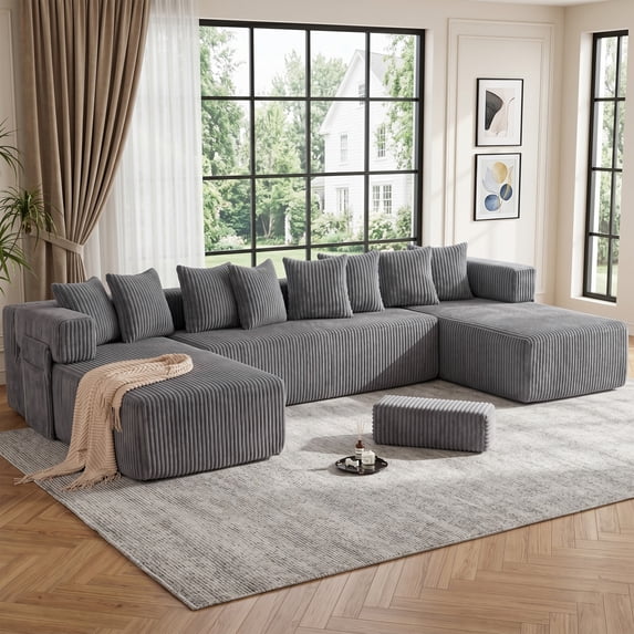 146" Oversized U-Shaped Modular Sectional Sleeper Sofa, 5-Seat Convertible Couch with 8 Pillows, Corduroy Upholstery, Magazine Pocket, Dark Gray
