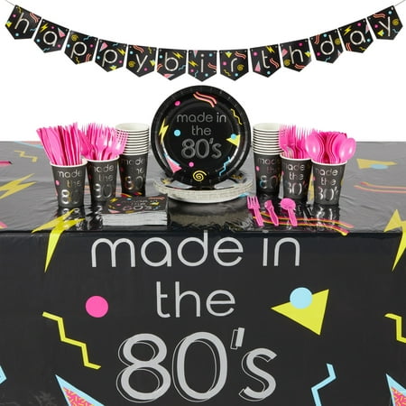 146-Piece 80s Birthday Party Decorations, Party Supplies, Includes Paper Plates, Napkins, Cups, Cutlery, Tablecloth, and Happy Birthday Banner, Disposable Dinnerware Set (Serves 24 Guests)