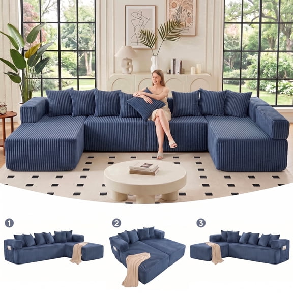 SEENYOO 146" U-Shaped Sectional Sofa, Modular Boneless Couch, 5-Seater Convertible Sleeper Sofa, Deep Seat, Corduroy Fabric, Blue