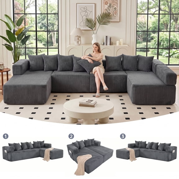 SEENYOO 146" U-Shaped Sectional Sofa, Modular Boneless Couch, 5-Seater Convertible Sleeper Sofa, Deep Seat, Corduroy Fabric, Dark Gray