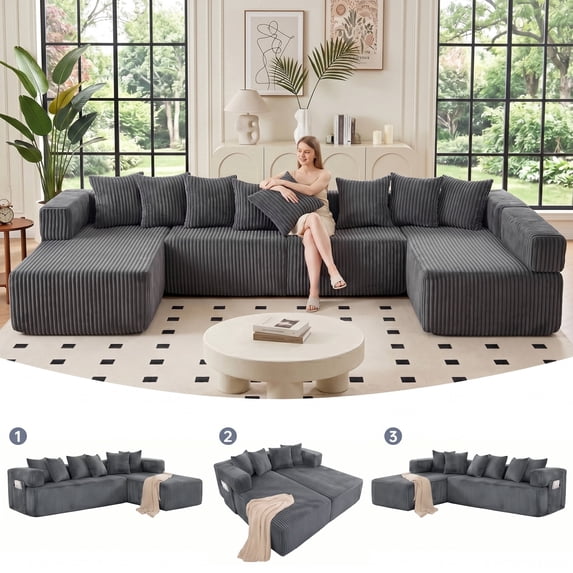 SEENYOO 146" U-Shaped Sectional Sofa, Modular Boneless Couch, 5-Seater Convertible Sleeper Sofa, Deep Seat, Corduroy Fabric, Dark Gray