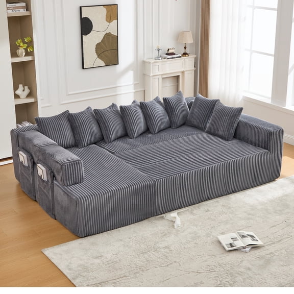 146" U Shaped Sectional sofa, 5 Seats Convertible Sleeper Couch& L-shaped ,8 Pillows, Free Combination,Oversized DIY sofa,Magazine bag,Corduroy,