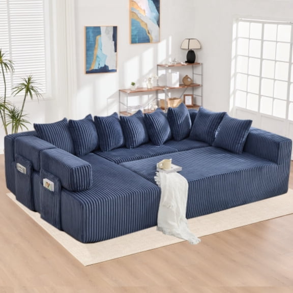146" U Shaped Sectional sofa,5 Seats Convertible Sleeper Couch& L-shaped ,Oversized sofa,8 Pillows,Free Combination,Magazine bag,Corduroy