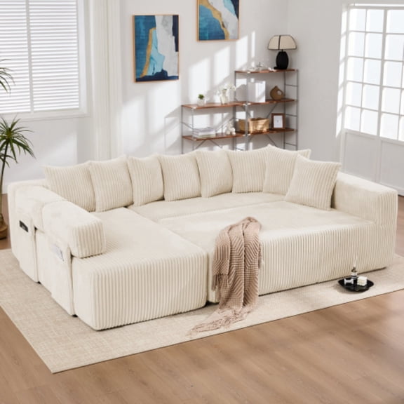 146" U Shaped Sectional sofa,5 Seats Convertible Sleeper Couch& L-shaped ,Oversized sofa,8 Pillows,Free Combination,Magazine bag,Corduroy