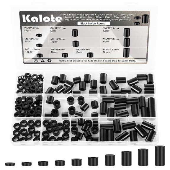 146PCS Black Nylon Spacers Kit, ID 6.2mm, OD 11mm- 3mm, 4mm, 5mm, 6mm, 8mm, 10mm, 15mm, 18mm, 20mm Length, Non-Threaded Round Plastic Spacers Suitable for Switch & Receptacle Screws