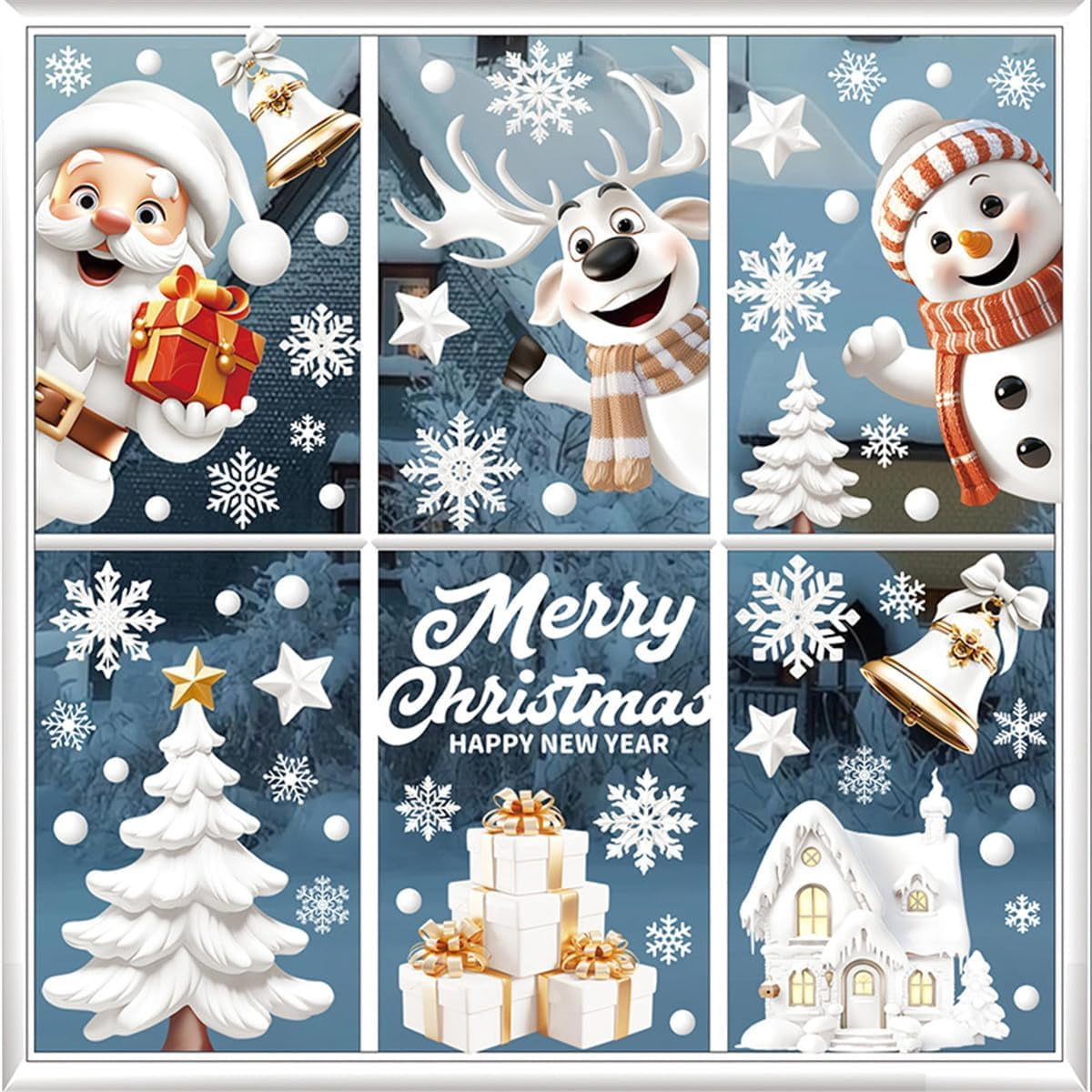 146Pcs Christmas Santa Window Clings,9 Sheets Blue Christmas Window Stickers Decorations,Xmas Elk Snowman Window Stickers Santa Christmas Window Decals for Home Deer Santa Claus and Snowflakes