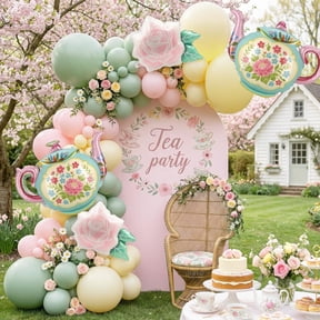 146Pcs Tea Party Balloon Garland Kit with Pink Green Yellow Teapot & Floral Balloons for Tea Party Baby Shower Decorations, Garden Party, Bridal Shower, High Tea, Lets Partea Decor VT1