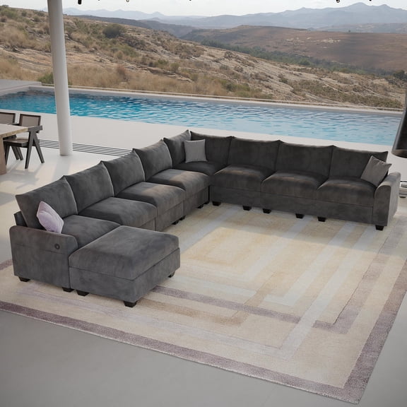 147.6" 8-Seat L-Shaped Modular Sectional Sofa, Linen Fabric with Storage Ottoman, Cup Holders, Hidden Storage & USB Ports, Large Size for Living Room