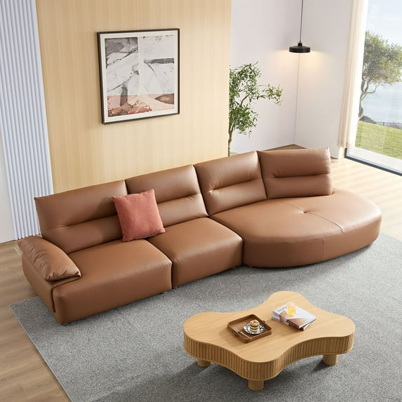 147.6" Leather Sectional Sofa Curved Couch Modern Eco-leather Sofa 4 Seat Upholstered Couch with Right Wide Chaise for Living Room Office, Brown