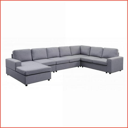 147"" 7-Seat European-Style Reversible Modular Sectional Sofa Chaise with Linen Fabric | Light Gray | Square Arms