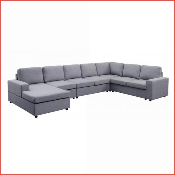 147"" 7-Seat European-Style Reversible Modular Sectional Sofa Chaise with Linen Fabric | Light Gray | Square Arms