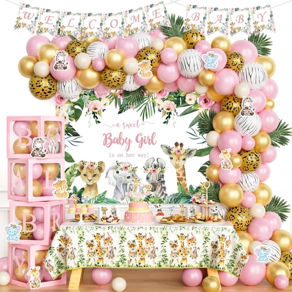 147 PCs Safari Baby Shower Decorations for Girl, Jungle Themed Baby Shower Dcor Backdrop Balloon Garland Artificial Leaves Banner Tablecloth Cake Cupcake Topper Boxes Cutout Deer Pink
