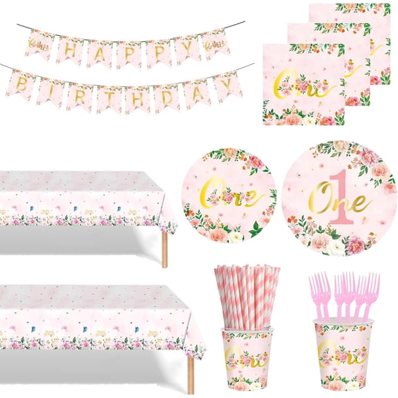 147 Pcs 1st Birthday Party Supplies, Girls One Birthday Plates Napkins Cups Straws Tablecloth Forks Dinnerware, First Year Floral Party Decorations Favors for Baby Shower, Serves 24 Guests