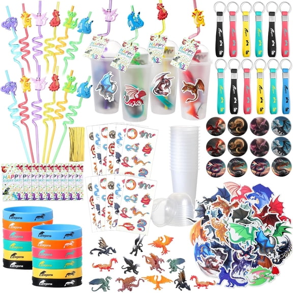 147 Pcs Dragon Themed Birthday Party Favors Gift for 18 People Include Cup with Lids Badges Mini Dragon Model Stickers Straw Bracelets Keychain Puffy Card for Goodie Bag Filler