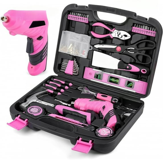 147 Pcs Pink Tool Kit with 12V Cordless Drill with 3/8" Keyless Chuck for Women, Home, Men, Built-in LED, Type-C Charge Cable