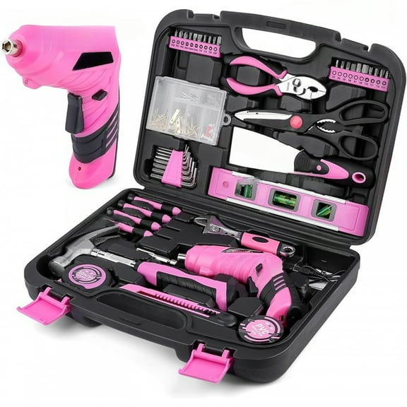 147 Pcs Pink Tool Kit with 12V Cordless Drill with 3/8" Keyless Chuck for Women, Home, Men, Built-in LED, Type-C Charge Cable