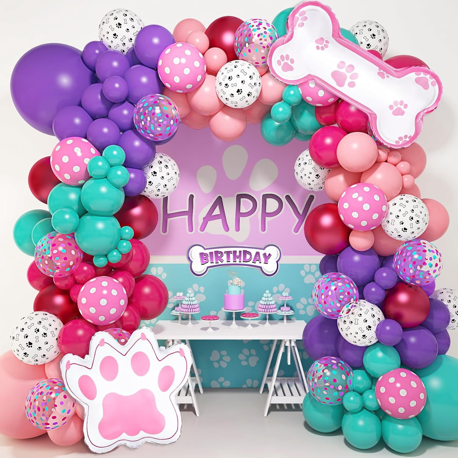 147-Piece Paw Balloon Garland Arch Kit - Dog Paw Print Balloons in Pink, Purple, Turquoise with Confetti - Puppy Theme Birthday Baby Shower Party Decorations