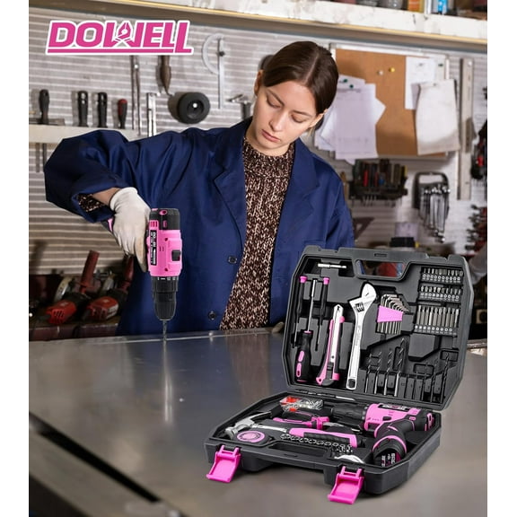 147-Piece Pink Tool Kit with 12V Cordless Drill, LED Light, Type-C Charging for Home