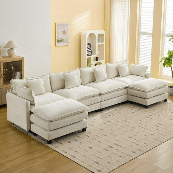 147'' Sectional Cloud Sofa, Oversized Chenille U Shaped Sectional Couch for Living Room, Comfy Upholstered Modular Sectional Sofa with Movable Ottoman, Beige