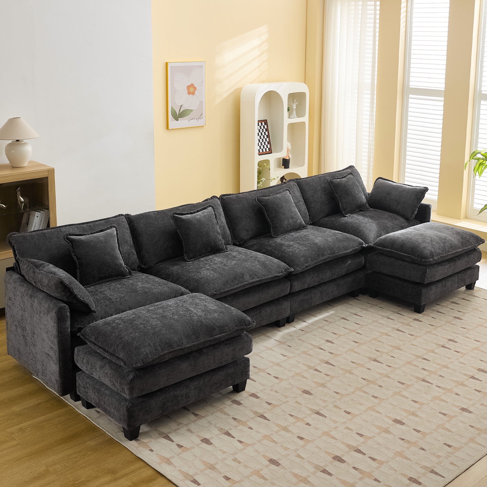 BedLuxury 111 5 Modular Sectional Sofa with Movable Ottomans U Shaped Cloud Couch for Living Room 3 Seat White