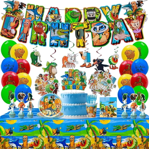 147pcs Italian Brainrot Birthday Party Decorations Set With Happy Birthday Banner, Balloons, Cupcake Toppers,Disposable Cutlery Set For Party Favors(tung tung tung sahur)
