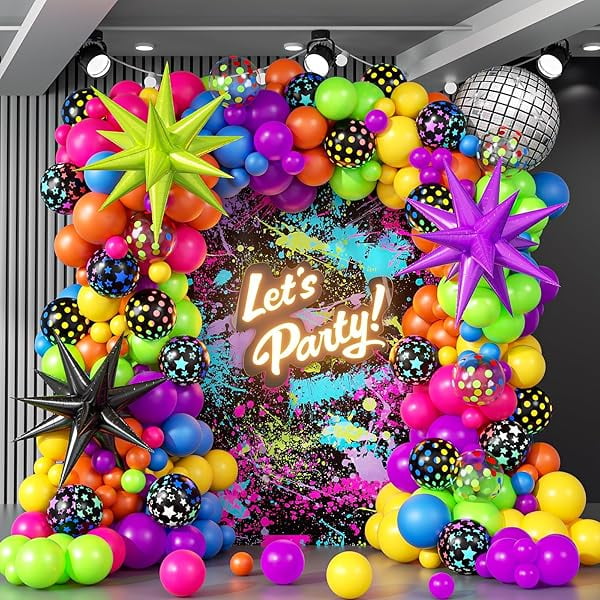 147pcs Neon Balloon Arch Kit, Neon Party Decorations with Yellow Hot Pink Lime Green Orange Blue Neon Balloons for Back to 80S 90S Glow in the Dark Birthday Decorations