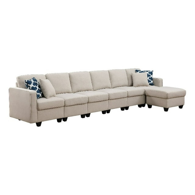 148.5" Fabric Linen Blend Reversible Modular Sofa & Couch With Ottoman-Beige