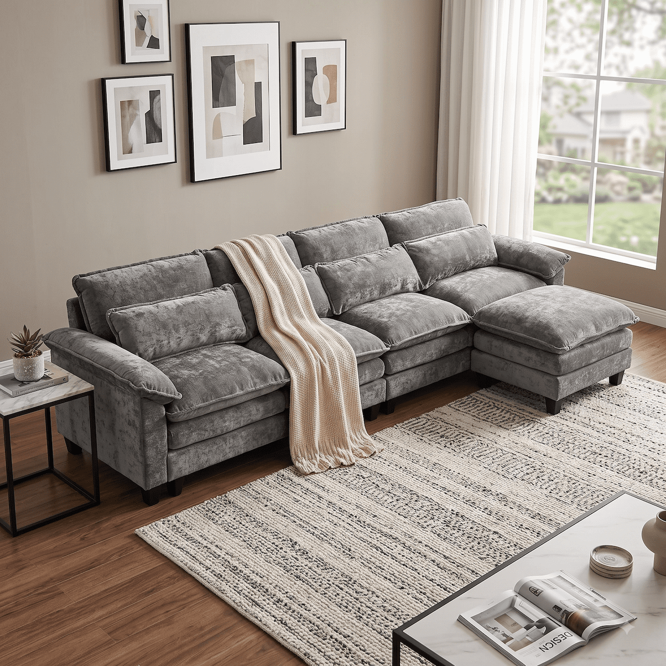 148" Convertible Cloud Sectional Sofa, Modern Chenille L Shaped Couch with Reversible Chaise, Deep Seat 5 Seat Sectional Sofa with Pillows, Comfy Upholstered Couch for Living Room Apartment (Grey)