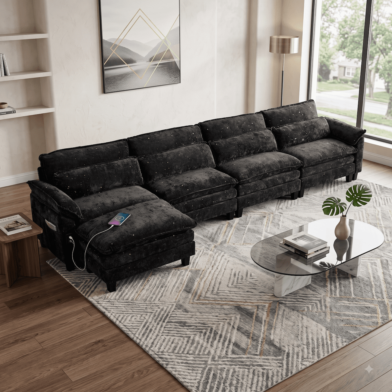 148" Convertible Cloud Sectional Sofa, Modern Chenille L Shaped Couch with Reversible Chaise, Deep Seat 5 Seat Sectional Sofa with Pillows, Comfy Upholstered Couch for Living Room Apartment (Black)