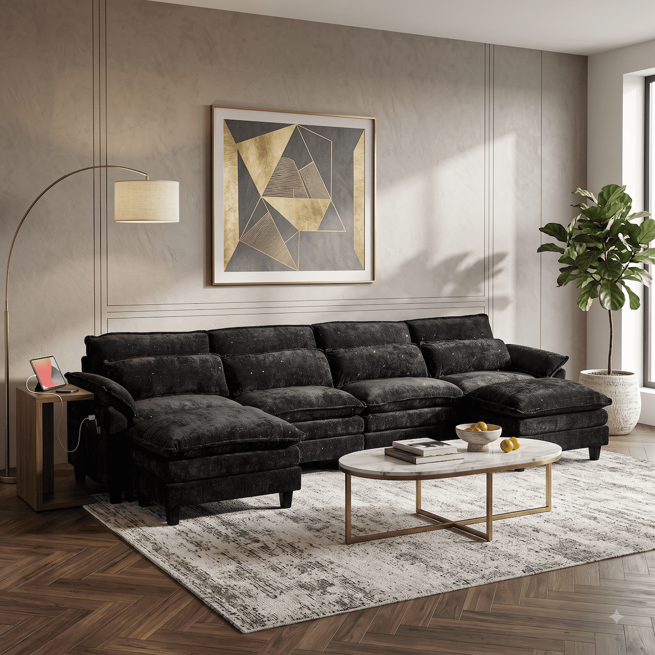 148" Convertible Cloud Sectional Sofa, Modern Chenille L Shaped Couch with Reversible Chaise, Deep Seat 6 Seat Sectional Sofa with Pillows, Comfy Upholstered Couch for Living Room Apartment (Black)