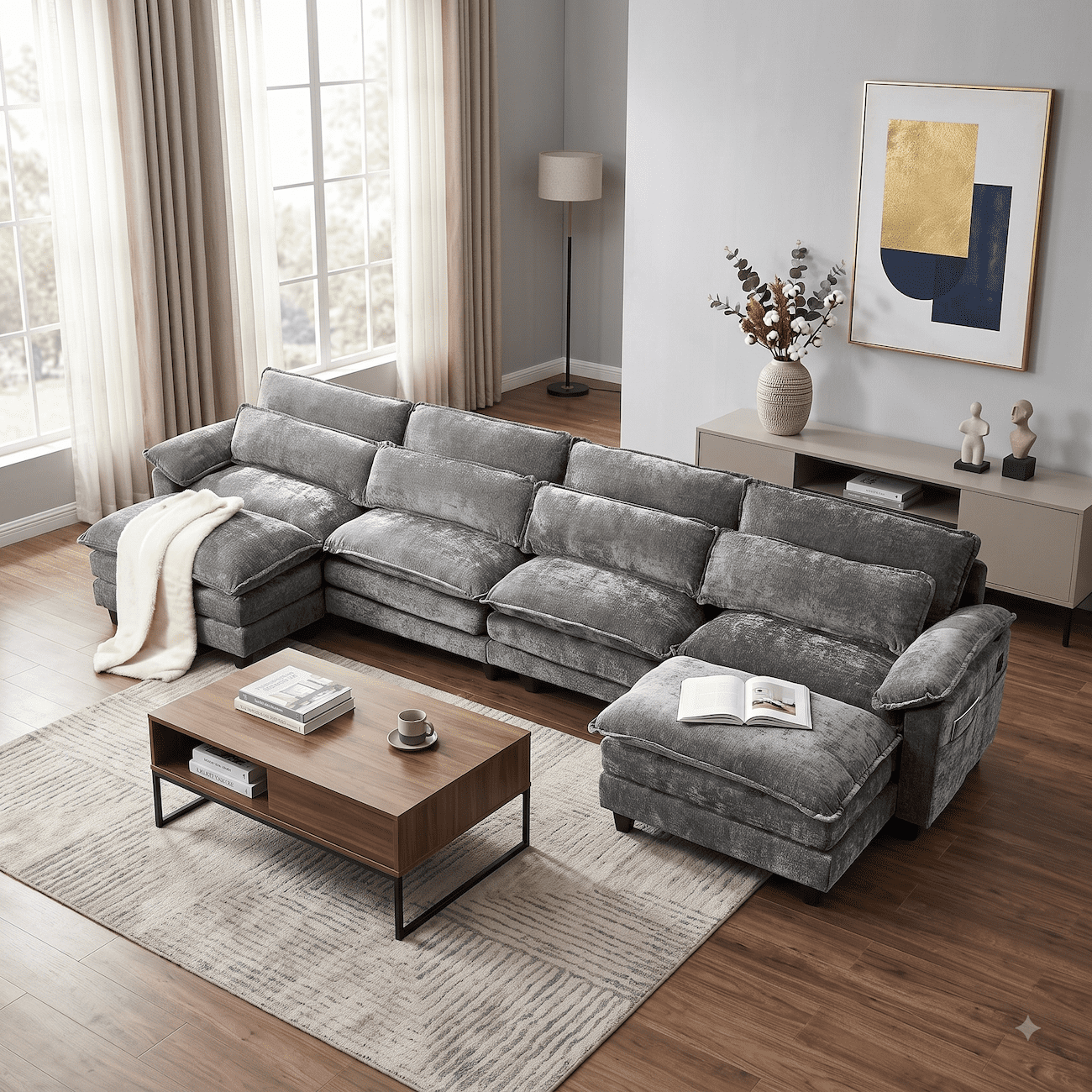 148" Convertible Cloud Sectional Sofa, Modern Chenille L Shaped Couch with Reversible Chaise, Deep Seat 6 Seat Sectional Sofa with Pillows, Comfy Upholstered Couch for Living Room Apartment (Grey)