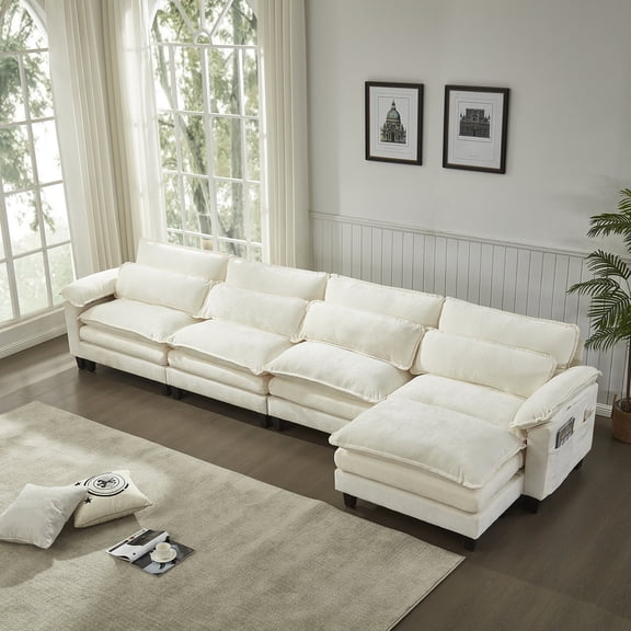 148'' Modular Sectional Sofa,L Shaped Couch with Movable Ottoman, Convertible Sectional Couches with Deep Seat, 4 Seat for Living Room Comfy Cloud Sofa with USB Side Pockets & Charging(Beige)