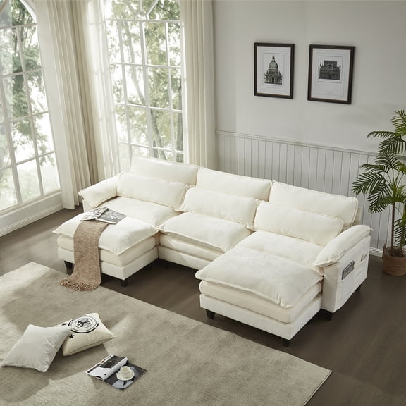 EPOWP 113'' Modular Sectional Sofa,U Shaped Couch with Movable Ottoman, Convertible Sectional Couches with Deep Seat, 3 Seat for Living Room Comfy Cloud Sofa with USB Side Pockets & Charging(Beige)