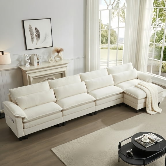 148'' Modular Sectional Sofa,L Shaped Couch with Movable Ottoman, Convertible Sectional Couches with Deep Seat, 4 Seat for Living Room Comfy Cloud Sofa with USB Side Pockets & Charging(Beige)