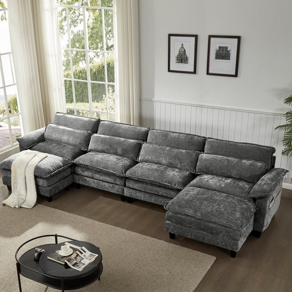 148'' Modular Sectional Sofa,U Shaped Couch with Movable Ottoman, Convertible Sectional Couches with Deep Seat, 4 Seat for Living Room Comfy Cloud Sofa with USB Side Pockets & Charging(Grey)