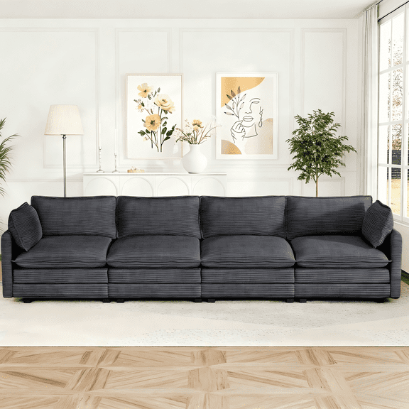 LOYALICE 148'' Oversized 4-Seat Modular Corduroy Sectional Sofa – Cloud Deep Seat Upholstered Couch with 4 Pillows for Living Room, Dark Gray