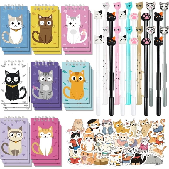 148 Pcs Cat Party Favors Return Gifts Bulk Cat Paw Mini Notebooks Pens Stickers Set for Cat Themed Birthday Party Supplies Classroom School Reward Gift Prizes Goodie Bags Stuffers