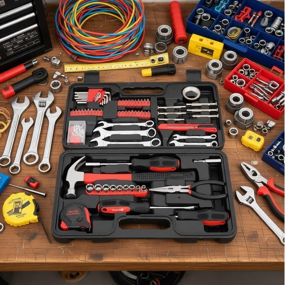 148 Piece Carbon Steel Tool Set Red Chrome Vanadium Heat Treated Double Dipped Plastic Handles Duty Blow Molded Case Home Repair Garage Wrench Hammer Socket Pliers Hex Keys Screwdrivers Bits Pro Kit