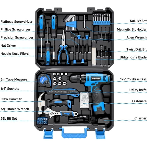 148-Piece Cordless Drill Set with 12V Blue Power Tool Kit for Home Improvement and Projects