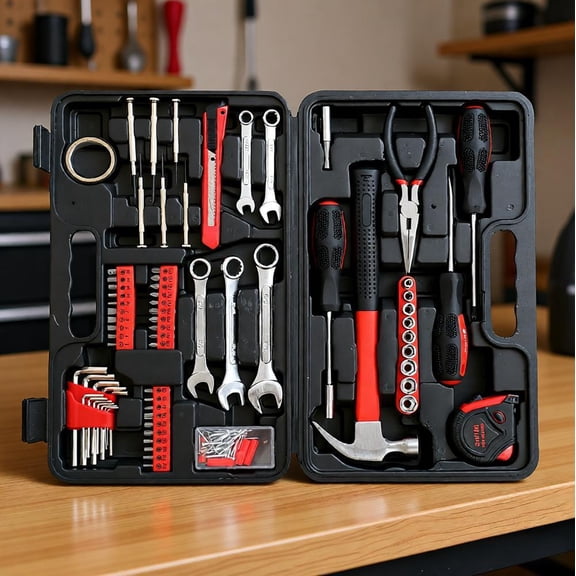 148 Piece Household Tool Set with Hard Case, General Home Repair Tool Kit with Hammer Pliers Wrenches Sockets Screwdrivers for DIY Projects Emergency Fixes Car Auto Garage Workshop, Red