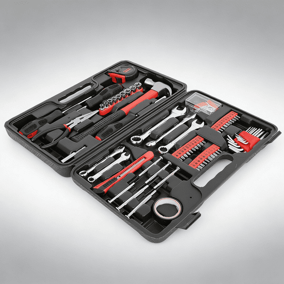148 Piece Household Tool Set with Sturdy Blow Molded Case, General Home Repair Kit Includes Hammer Pliers Screwdriver Sockets Wrenches Tape Measure Hex Keys for DIY Projects Home Maintenance, Red