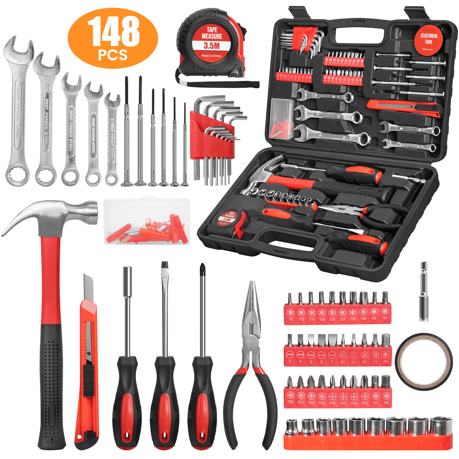 Cshidworld 148-Piece Tool Set, DIY Repair Kit with Hammer, Pliers