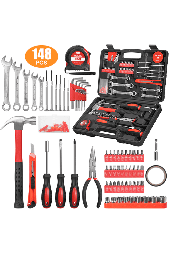 148-Piece Tool Set General Household Hand Kit with Plastic Toolbox Storage Case, Mechanic Basic Home Tool Kit for Men and Women, All Essential Repair Tools for Home Garage and Office, Red