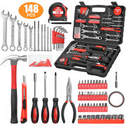 Cshidworld 148-Piece Tool Set General Household Hand Kit with Plastic Toolbox Storage Case, Mechanic Basic Home Tool Kit for Men and Women, All Essential Repair Tools for Home Garage and Office, Red