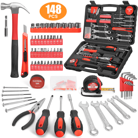Cshidworld 148 Piece Tool Sets All Purpose Household Tool Kit, General Basic Home Repair Tool Set with Toolbox for Men Women, Household Hand Kit for Home Garage Office College Dormitory Use, Red