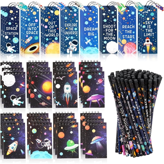 148 Pieces Outer Space Theme Stationery Set:100 Space Pencils Astronaut Pencils 24 Planet Rocket Mini Spiral Notepad Memo Pad 24 Space Ship Metal Charms Bookmarks
